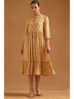 Soch - Women Yellow Viscose Blend Dress with Botanical Cutdana