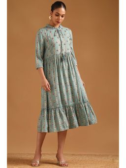 Soch - Women Powder Blue Viscose Blend Dress with Botanical Cutdana