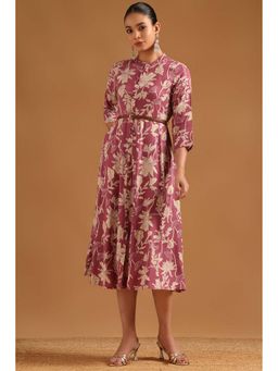 Soch - Women Mauve Viscose Dress with Botanical