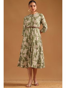 Soch - Women Sap Green Viscose Dress with Botanical