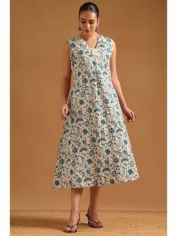 Soch - Women Teal Cotton Flex Dress with Botanical Tassels