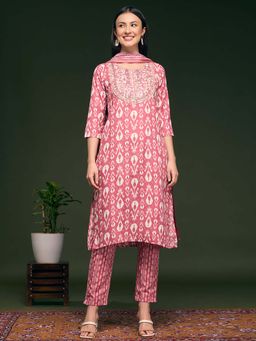 FASHOR - Floral Printed & Embroidered Straight Kurta with Pant & Dupatta - Pink