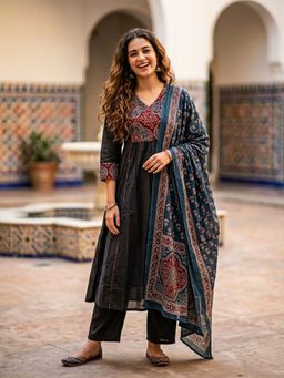 FASHOR - Printed Anarkali Kurta Set with Pant & Dupatta - Black & Teal