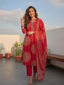 FASHOR - Bandhani Printed Straight Kurta with Pant & Dupatta - Red