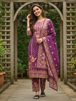FASHOR - Ethnic Printed Straight Kurta with Pant & Dupatta - Wine Purple