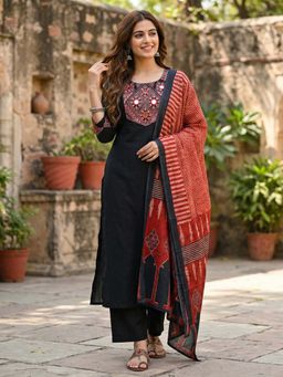 FASHOR - Mirror Work Yoke Straight Kurta with Pant & Dupatta