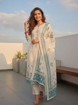 FASHOR - Floral Printed Straight Kurta with Pant & Dupatta - Off White