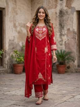 FASHOR - Embroidered Straight Kurta with Pant & Dupatta - Festive Red