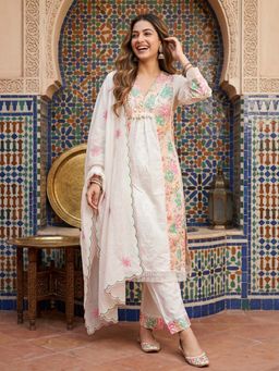 FASHOR - Solid Embroidered Schiffli A-Line Kurta with Pant & Dupatta - Off White