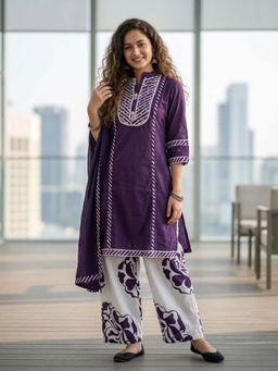 FASHOR - Lehariya Printed Straight Kurta with Pant & Dupatta - Purple