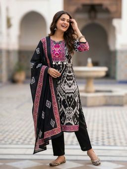 FASHOR - Ikat Inspired Ethnic Printed Straight Kurta with Trouser & Dupatta - Black