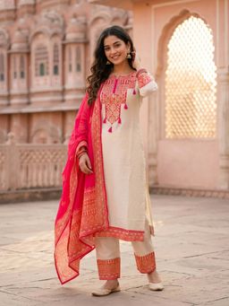 FASHOR - Ethnic Printed A-Line Kurta with Palazzo & Dupatta - Cream & Pink
