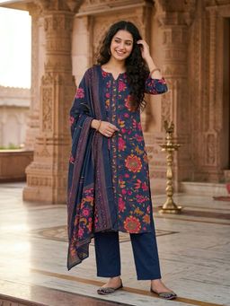 FASHOR - Kalamkari Printed Kantha Work Straight Kurta with Pant & Dupatta - Navy Blue