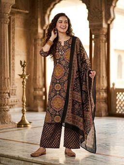 FASHOR - Ajrakh Printed Kantha Work Straight Kurta with Pyjama & Dupatta
