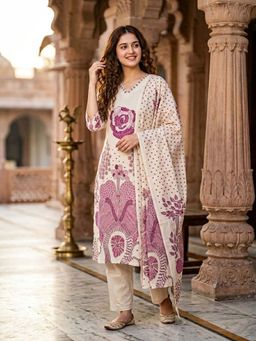 FASHOR - Floral Abstract Printed Straight Kurta with Palazzo & Dupatta - White
