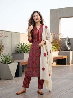 FASHOR - Ajrakh Printed Sequin Straight Kurta with Pyjama & Dupatta - Red