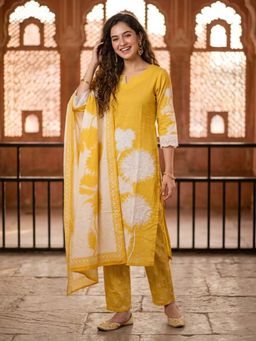 FASHOR - Abstract Printed Sequin Straight Kurta with Pant & Dupatta - Yellow