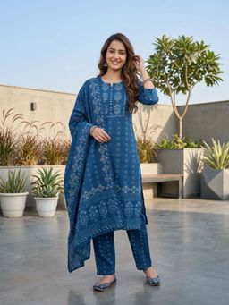 FASHOR - Ethnic Boota Printed Straight Kurta with Pyjama & Dupatta - Blue