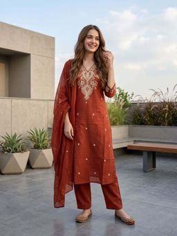 FASHOR - Solid Embroidered Straight Kurta with Pant & Dupatta - Rust
