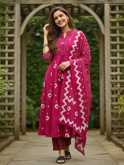 FASHOR - Printed Anarkali with Pant & Dupatta - Pink