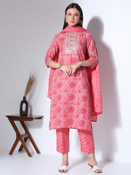 FASHOR - Ethnic Floral Printed & Embroidered Straight Fit Kurta with Pant & Dupatta - Pink