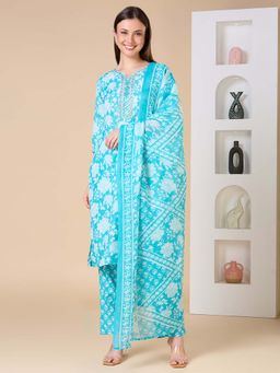 FASHOR - Ethnic Floral Printed Straight Fit Kurta with Pant & Dupatta - Turquoise Blue