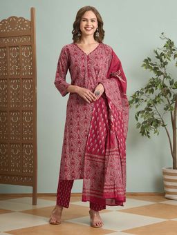 FASHOR - Ethnic Printed Straight Fit Kurta with Pant & Dupatta - Pink