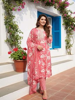 FASHOR - Floral Printed Straight Kurta Set with Pant & Dupatta - Coral Pink