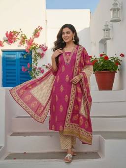 FASHOR - Floral Printed Embroidered Straight Kurta with Pant & Dupatta