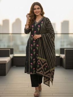 FASHOR - Floral Printed Kurta with Pant & Dupatta - Black