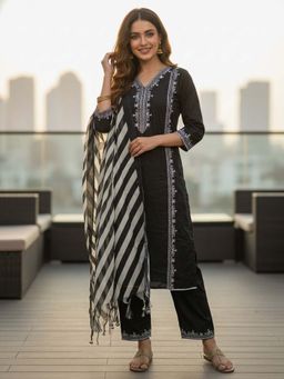 FASHOR - Embroidered Straight Kurta with Pant & Dupatta - Black