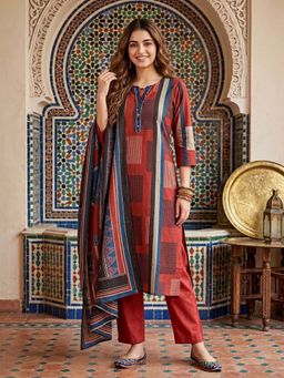 FASHOR - Printed Straight Kurta with Pant & Dupatta - Red