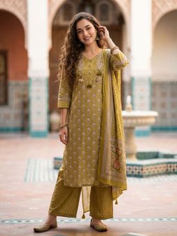 FASHOR - Ethnic Booti Printed Straight Kurta with Pant & Dupatta - Mustard
