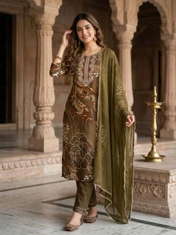 FASHOR - Floral Printed Embroidered Straight Kurta with Pant & Dupatta - Mehndi Green