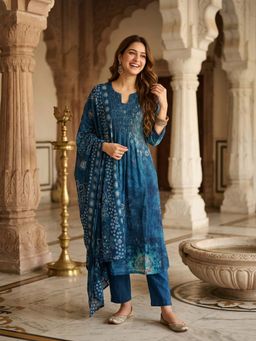 FASHOR - Bandhani Printed A-Line Kurta with Pant & Dupatta - Navy Blue