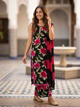 FASHOR - Floral Printed Sequin Straight Kurta with Pant & Dupatta - Black