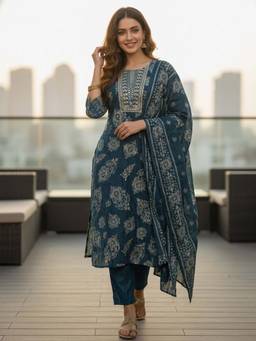 FASHOR - Floral Foil Printed Embroidered Straight Kurta with Pant & Dupatta - Teal