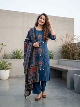 FASHOR - Jharokha Printed Straight Kurta with Pyjama & Dupatta - Blue