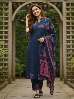 FASHOR - Floral Printed Embroidered Anarkali with Pant & Dupatta - Blue