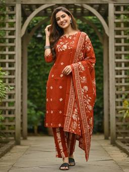 FASHOR - Floral Printed Embroidered Straight Kurta with Pant & Dupatta - Rust