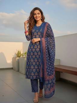 FASHOR - Ethnic Printed Straight Kurta with Pant & Dupatta - Navy Blue