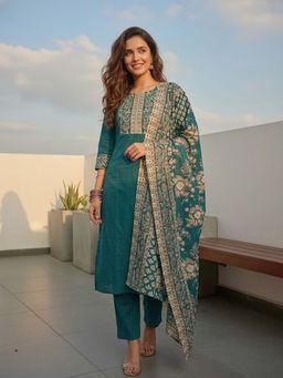 FASHOR - Floral Printed Straight Kurta with Pant & Dupatta - Teal Green