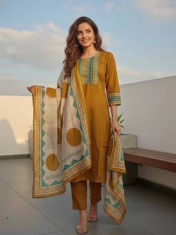 FASHOR - Ethnic Printed Kurta with Pant & Printed Dupatta - Mustard