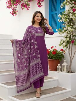 FASHOR - Floral Printed Straight Kurta with Pant & Dupatta - Deep Purple
