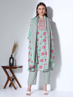 FASHOR - Ethnic Floral Printed & Embroidered Straight Fit Kurta with Pant & Dupatta - Green