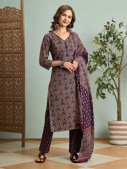 FASHOR - Ethnic Printed Straight Fit Kurta with Pant & Dupatta - Purple