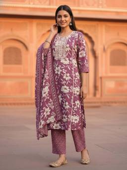 FASHOR - Ethnic Floral Printed Straight Kurta with Pant & Dupatta - Lavender