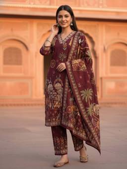 FASHOR - Miniature Painting Printed Kurta with Pant & Dupatta - Burgundy