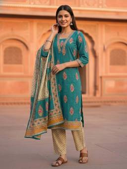 FASHOR - Floral Printed Embroidered Straight Kurta with Pant & Dupatta - Turquoise Blue
