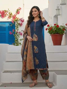 FASHOR - Printed Straight Kurta Set with Pant & Dupatta - Navy Blue